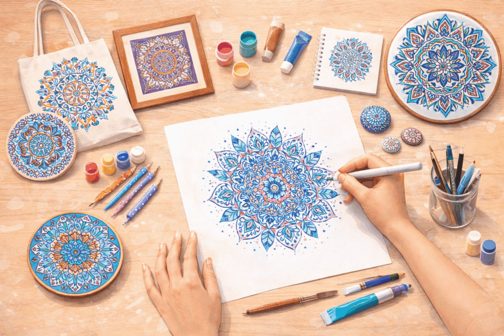 Creative mandala art on wooden surface